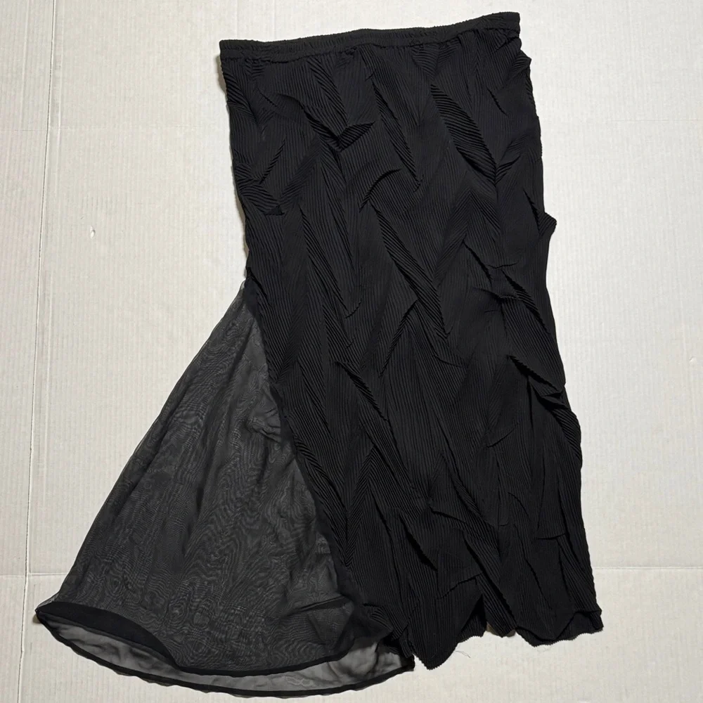 HAN FENG Women's Ruched Pleated Crinkle Black Maxi Skirt Sheer Whimsigoth XL - Picture 7 of 10
